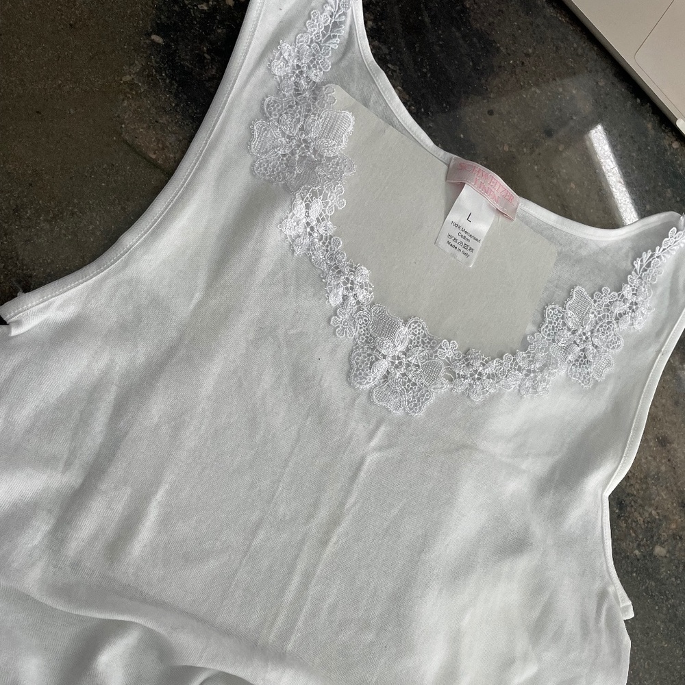 "Savvy"  White 100% cotton knit Camisole by Schweitzer Linen. Size Large